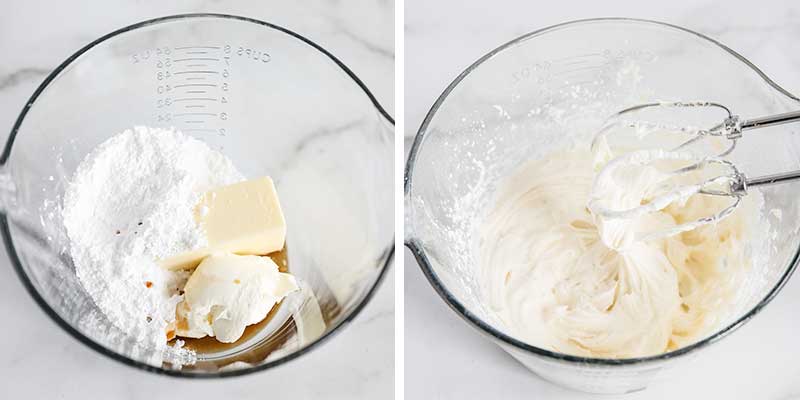 Mixing frosting in glass bowl.