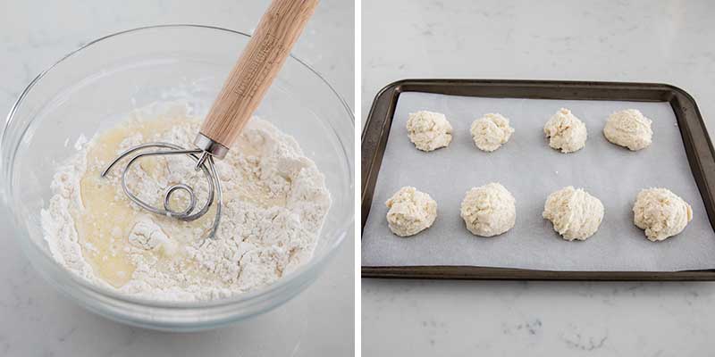 Baking drop biscuits on pan.