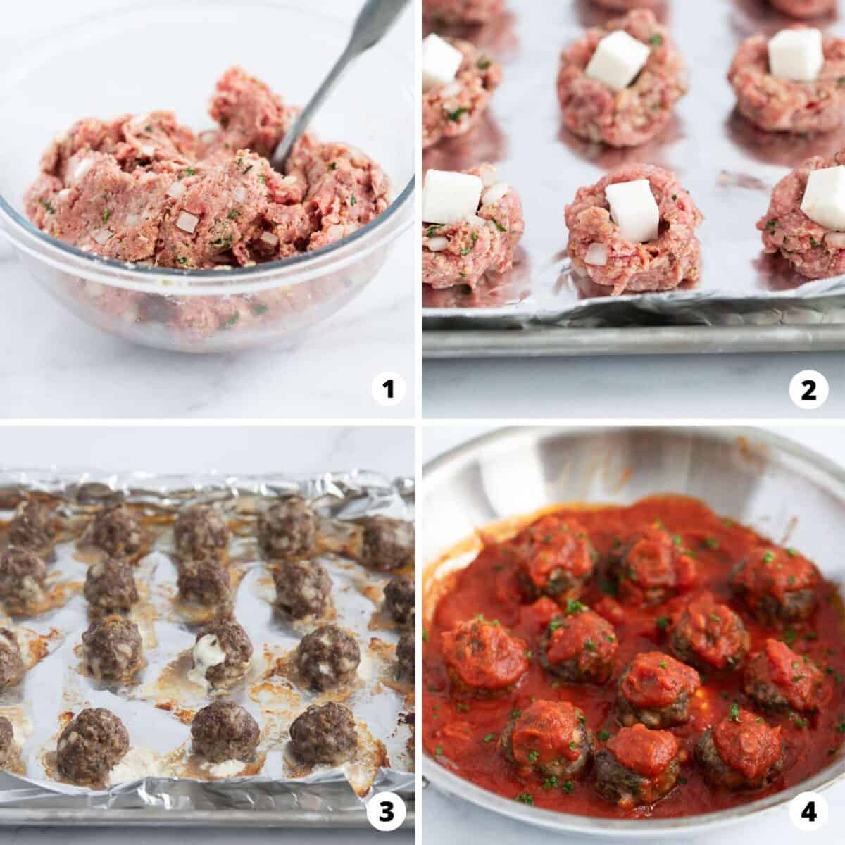 Showing how to make stuffed meatballs in a 4 step collage.