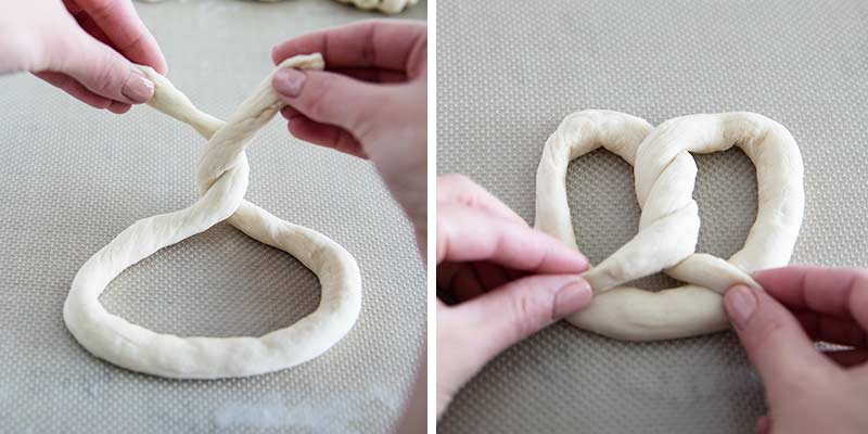 Shaping pretzels.