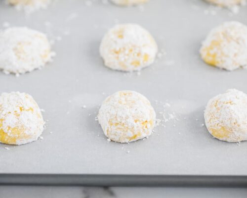 lemon cake mix cookies ready to bake on pan