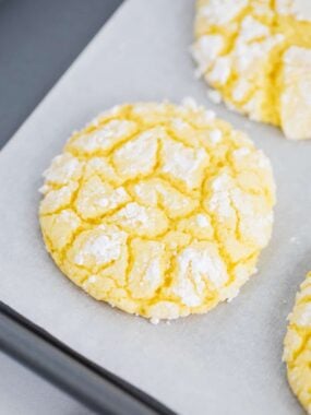 lemon cake mix cookies on pan