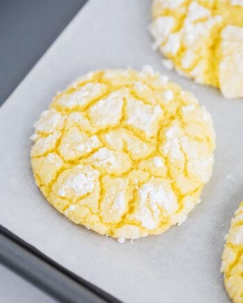 lemon cake mix cookies on pan