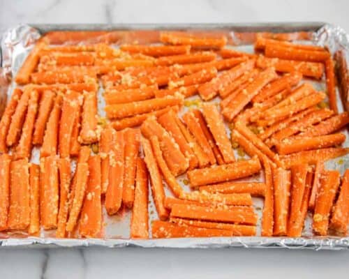 parmesan garlic carrots on pan
