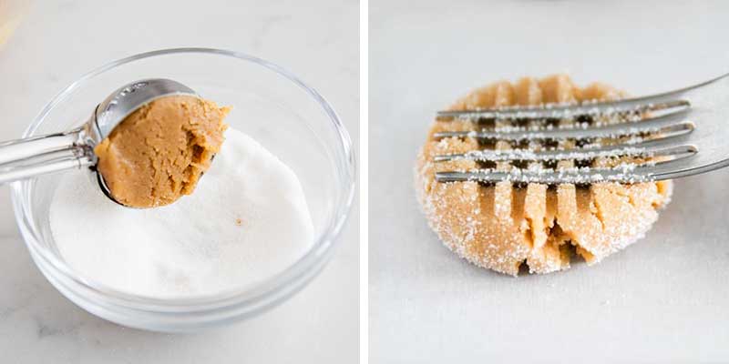 Pressing fork on peanut butter cookies.