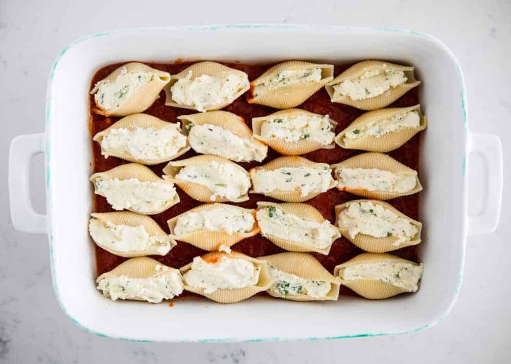 ricotta stuffed shells in white pan