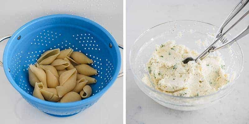 Stuffing ricotta stuffed shells.