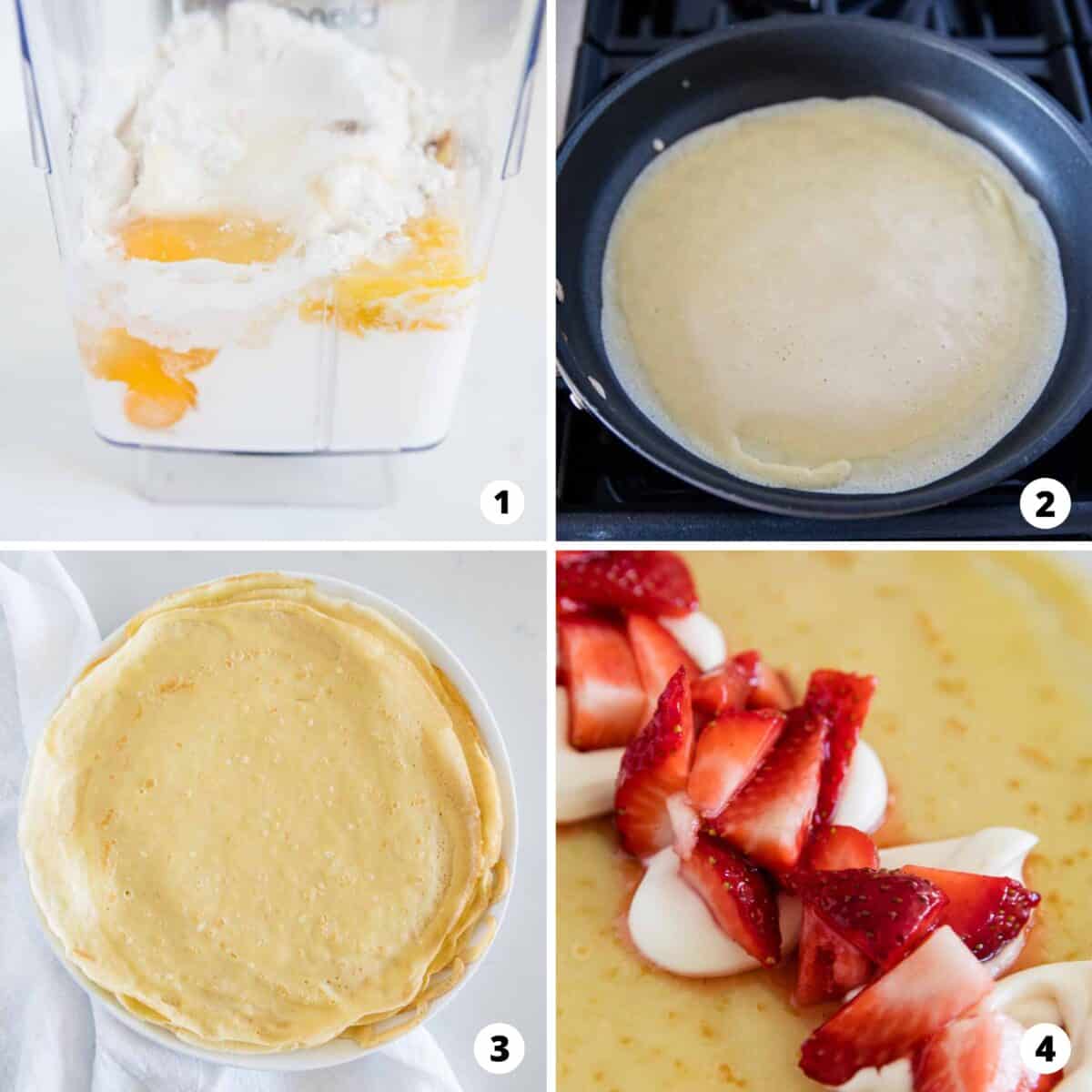 The process of showing how to make crepes in a 4 step collage. 
