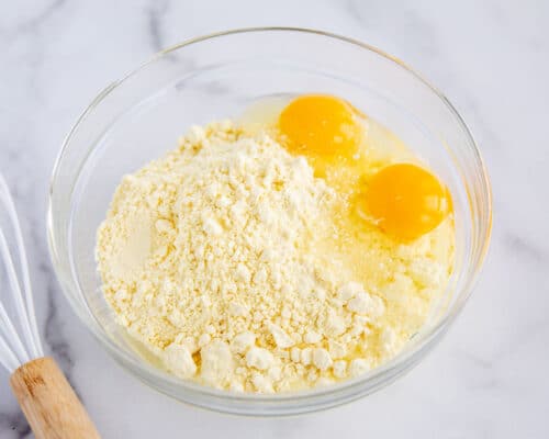lemon cake mix and eggs in bowl