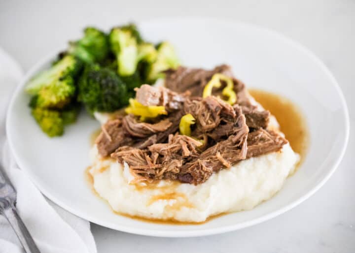 Mississippi pot roast with mashed potatoes and broccoli