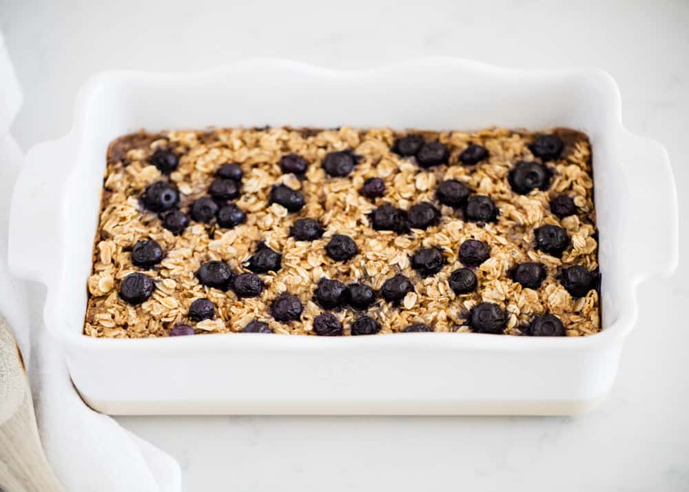 Baked oatmeal in white pan.