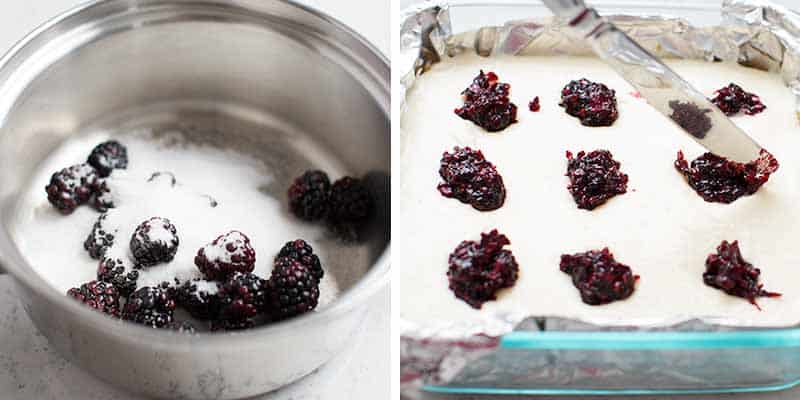 Swirling blackberry filling on top of cheesecake filling with a knife.