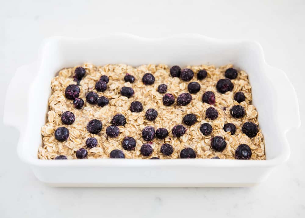 Blueberry oatmeal in pan.