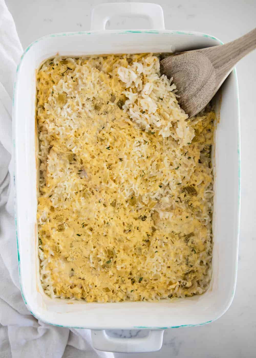 Chicken and rice casserole in pan.