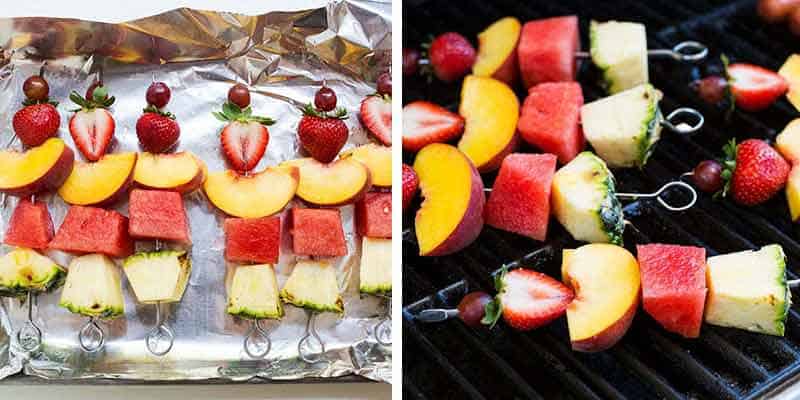 Cooking fruit kabobs on the grill.