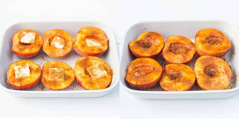 Cinnamon sugar baked peach halves in baking dish.