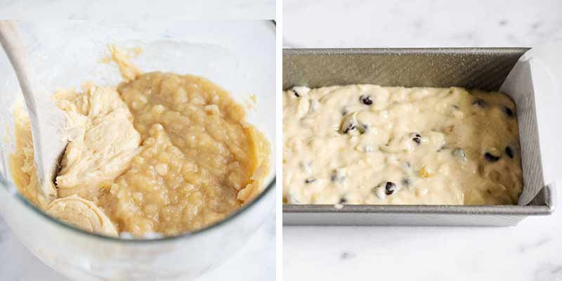 Mixing together batter for chocolate chip banana bread.