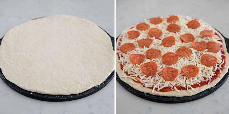 Putting toppings on pizza dough.