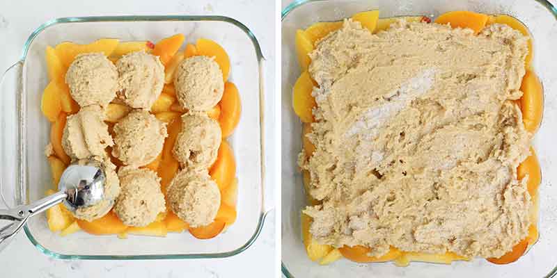 Scooping dough on top of sliced peaches. 