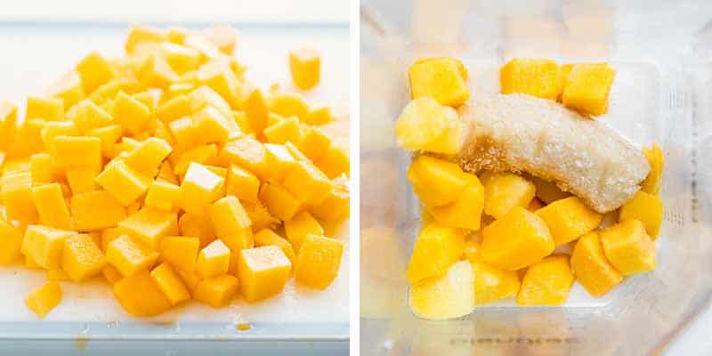 blending together ingredients for mango smoothie bowl