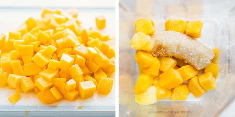 Blending together ingredients for mango smoothie bowl.