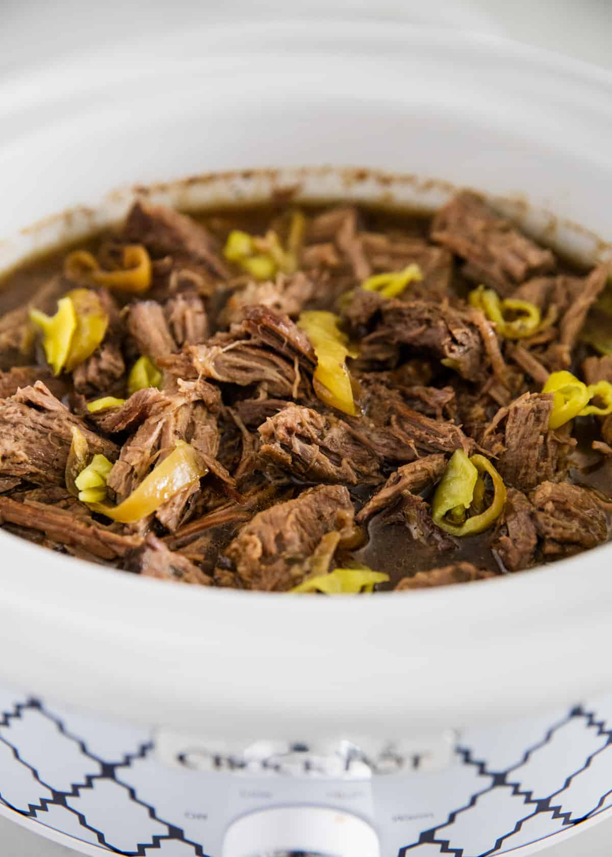 Shredded pot roast in crock pot.