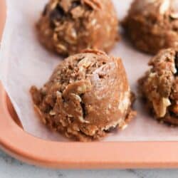 Protein balls on a baking sheet.