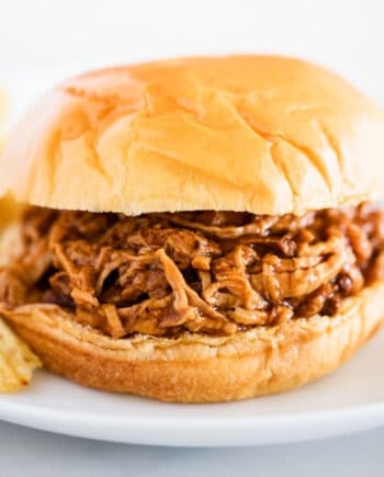 bbq pork sandwich on white plate