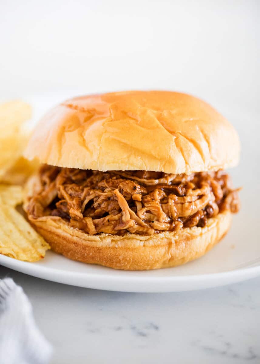 BBQ pulled pork sandwich on white plate