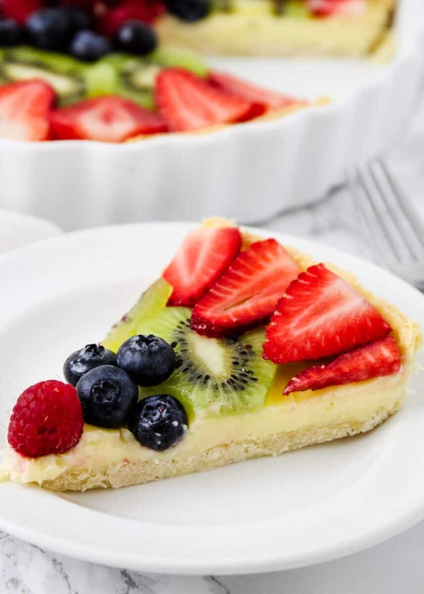 Slice of fruit tart on plate.