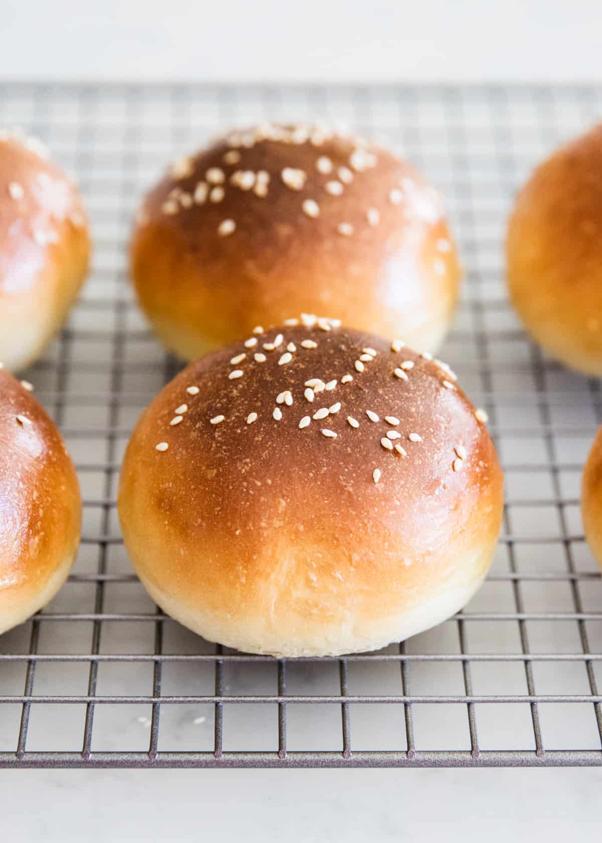 Hamburger buns on a cooling rack.