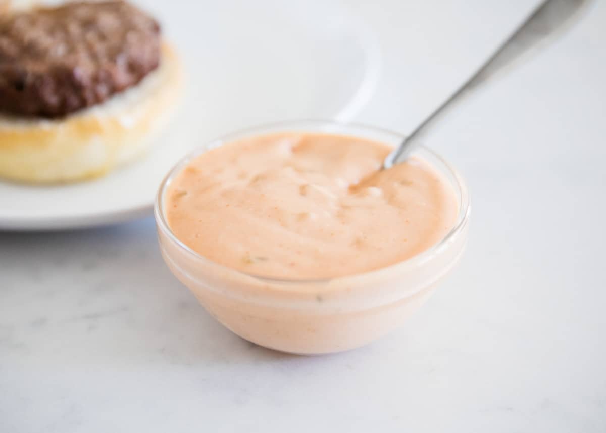 Burger sauce in glass bowl.