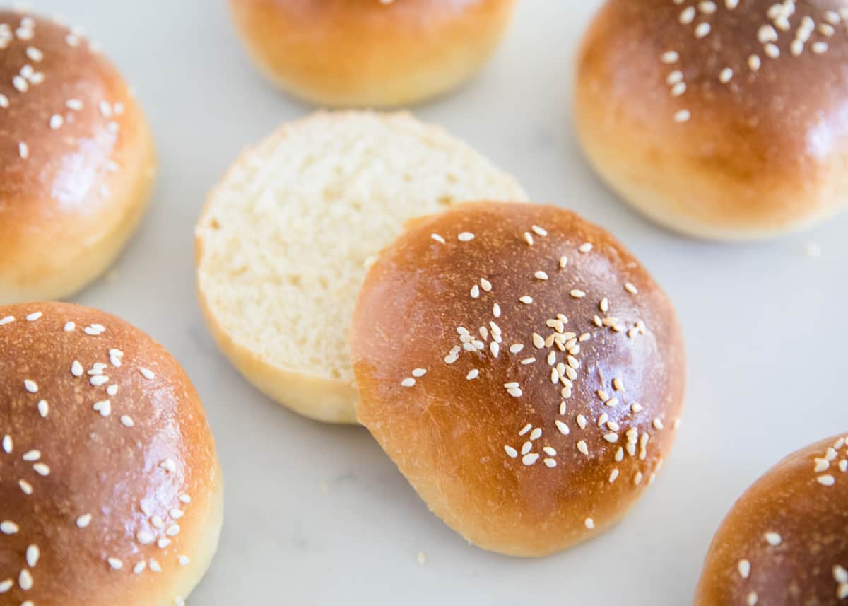 Sliced hamburger buns.