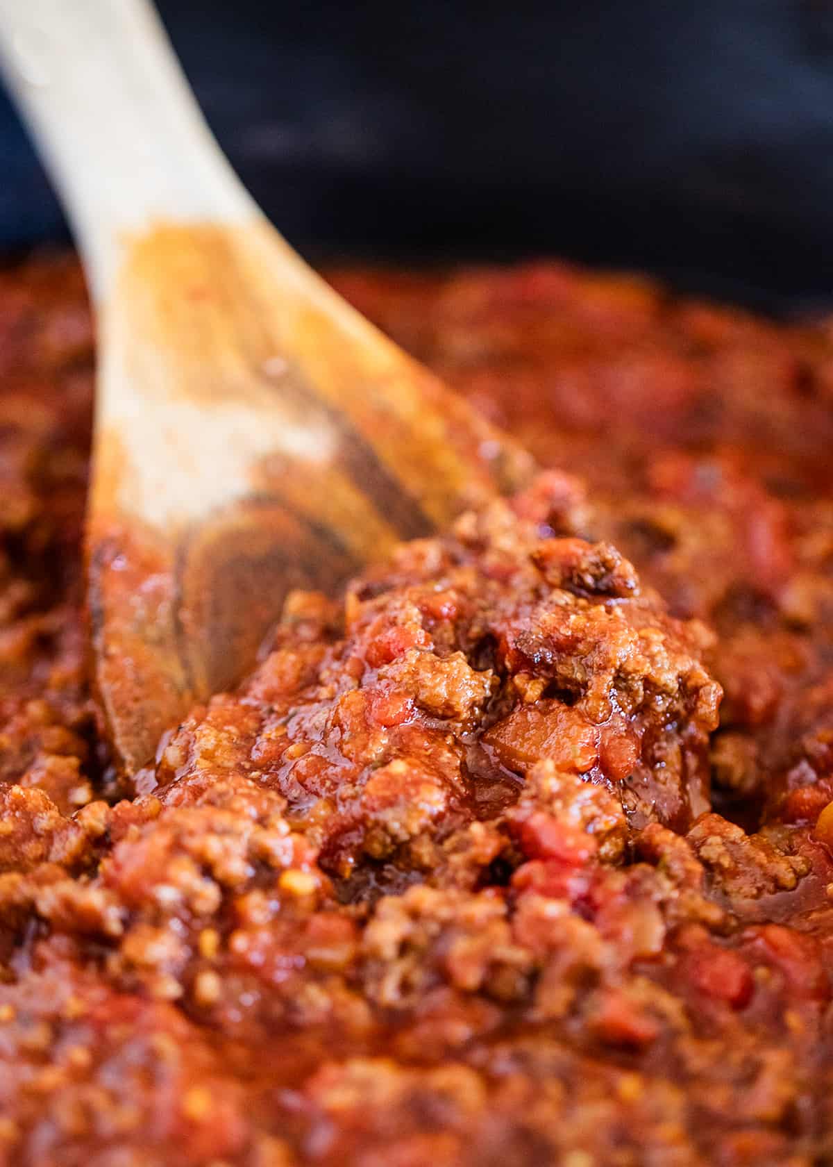 Spaghetti sauce in pan.