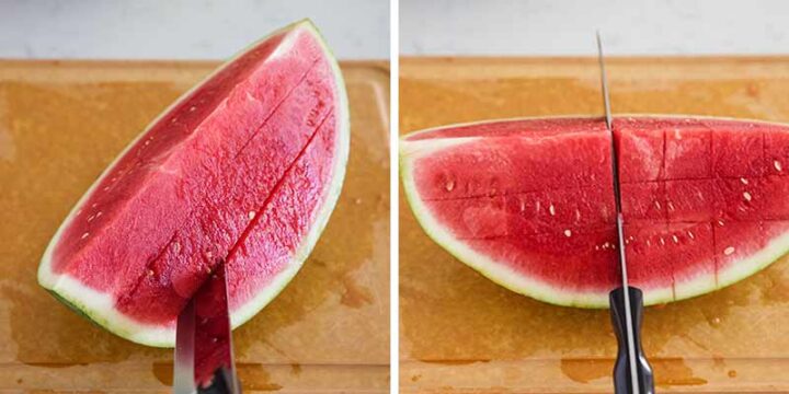 cutting the watermelon into cubes