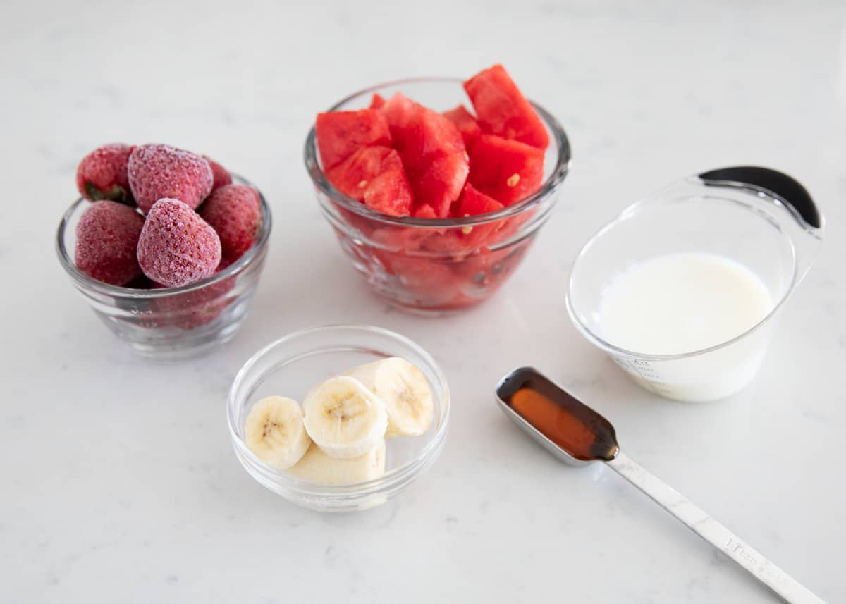 This watermelon smoothie is the perfect drink on a hot summer day! It's cold, creamy, naturally sweet and super refreshing. It has the perfect amount of watermelon flavor. Watermelon smoothie ingredients.
