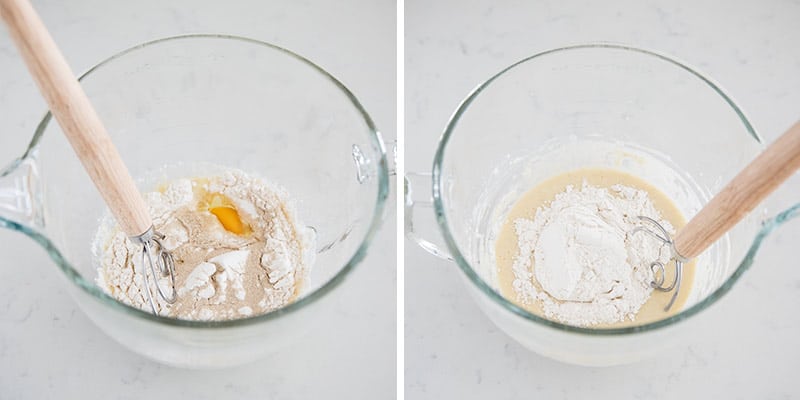 Whisking flour in bowl.