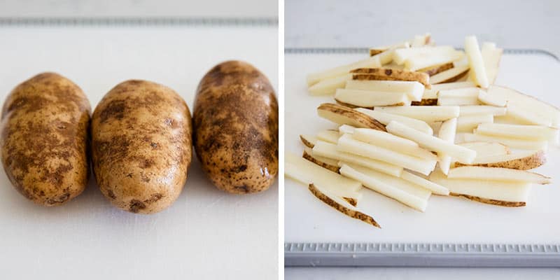 Cutting potatoes on cutting board.