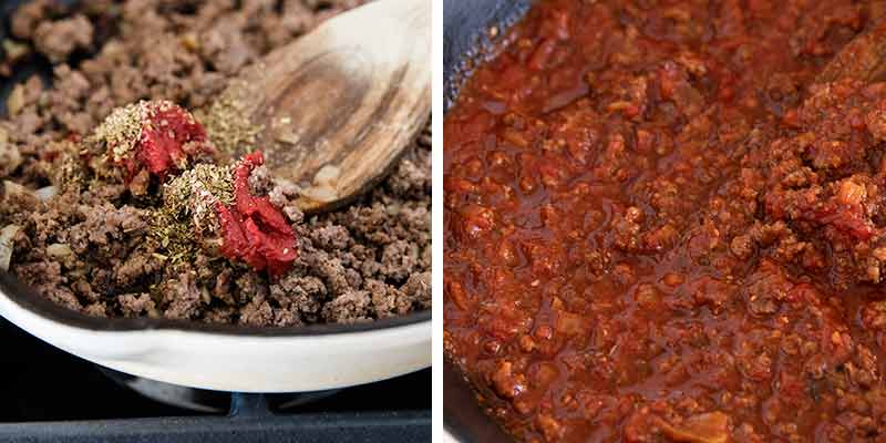 Making spaghetti sauce in pan.