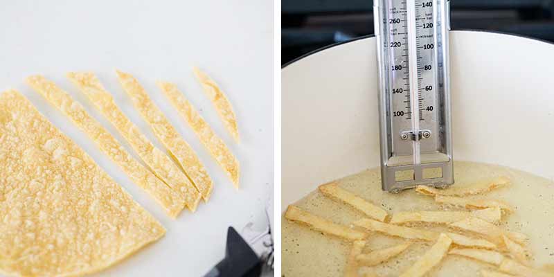 Frying tortilla strips in a pan with oil.
