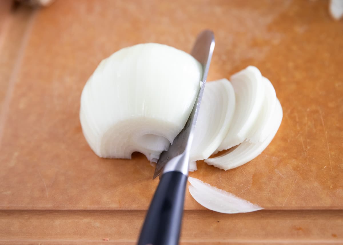 Slicing onions.