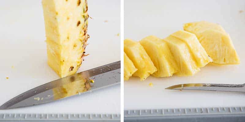 Sliced pineapple on cutting board.