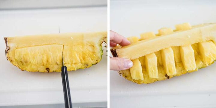 slicing pineapple on cutting board