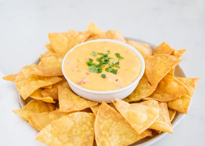 bowl of Velveeta queso served with tortilla chips 