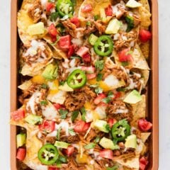 bbq pork nachos on pan
