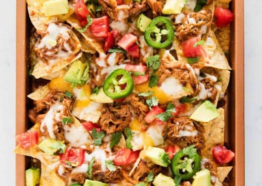 bbq pork nachos on pan