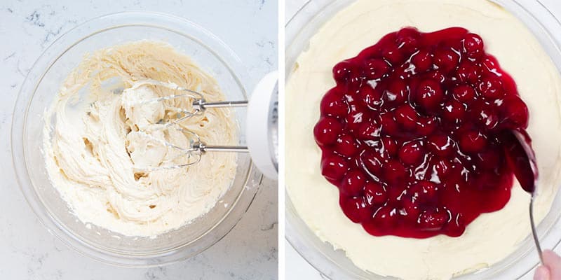 Making cherry cheesecake dip in glass bowl.