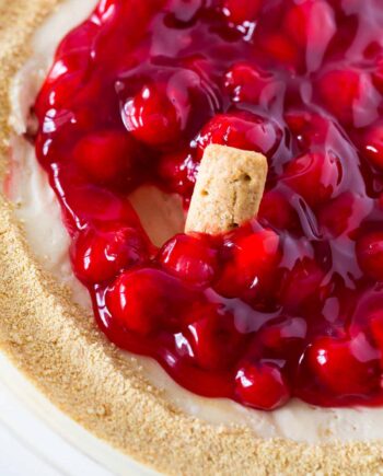 cherry cheesecake dip in glass pie dish