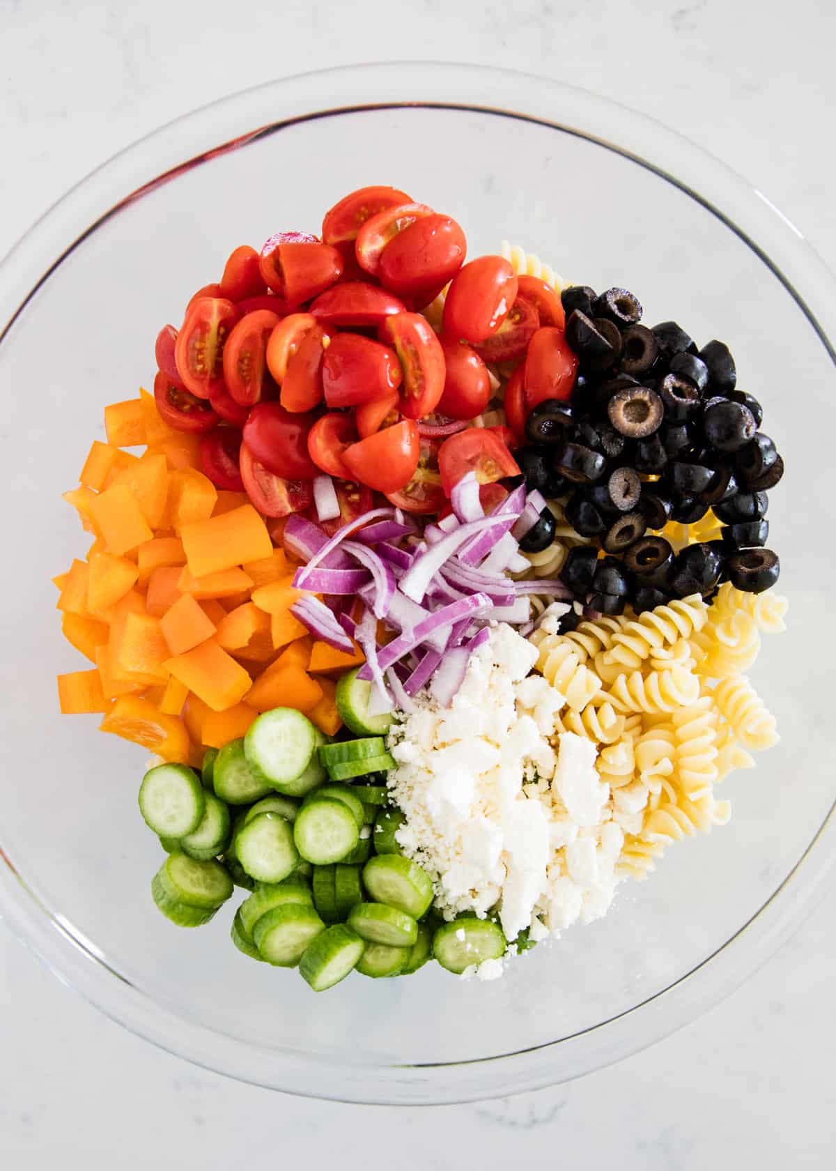 Greek pasta salad ingredients.