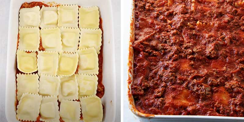 Assembling beef ravioli in baking dish.